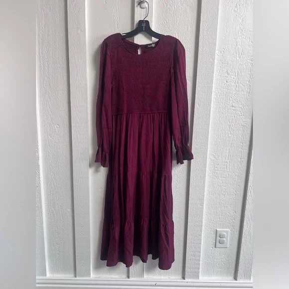 Smocked Burgundy Midi Dress - medium - Picture 2 of 6